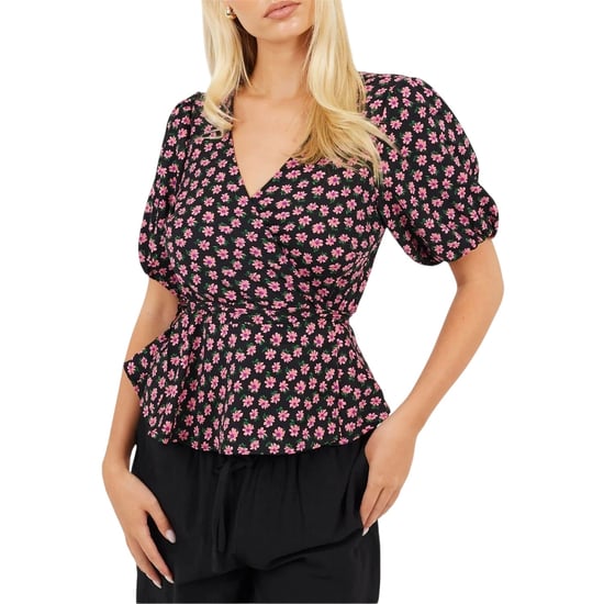 Brave Soul - Wickel-Oberteil für Damen, V-Ausschnitt, Puffärmel (Schwarz/Pink) - Image 2