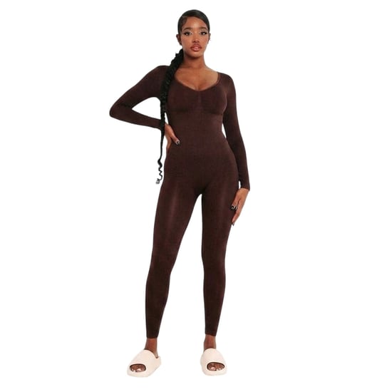 Missy Empire - Jumpsuit für Damen, Plunge-BH, Bodycon, Langärmlig (Schokolade) - Image 1