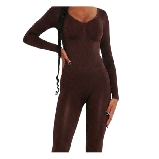 Missy Empire - Jumpsuit für Damen, Plunge-BH, Bodycon, Langärmlig (Schokolade) - Image 2