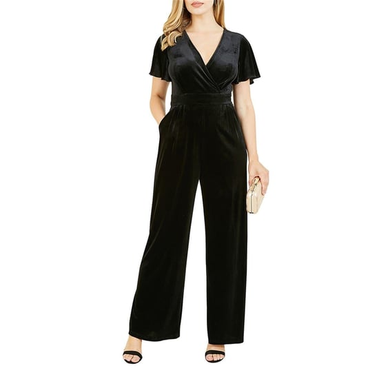 Yumi - Jumpsuit für Damen, V-Ausschnitt, Samt, Engelsärmel (Schwarz) - Image 3