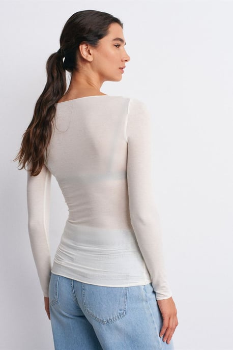 Schmale Passform Boot-Ausschnitt Langarm Strickbluse - Image 2