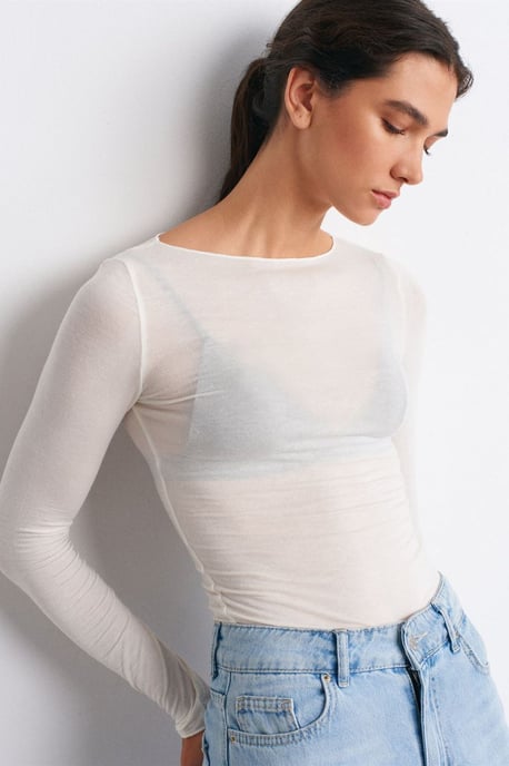 Schmale Passform Boot-Ausschnitt Langarm Strickbluse - Image 5