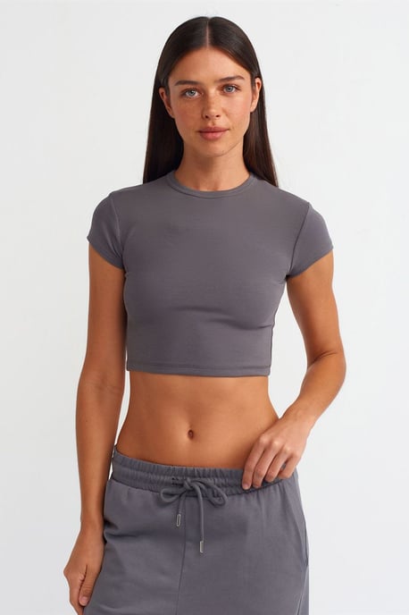 Damen Crop Slim-Fit Rundhalsausschnitt T-Shirt - Image 1