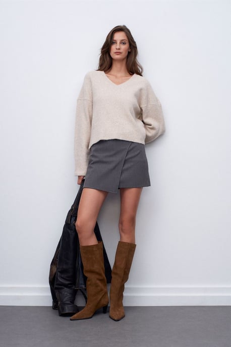 Damen V-Ausschnitt Rippstrickpullover - Image 3