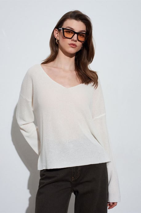 Damen V-Ausschnitt Rippstrickpullover - Image 1