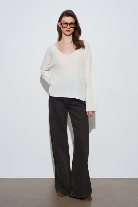 Damen V-Ausschnitt Rippstrickpullover - Image 4