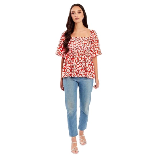 Be You - Bluse für Damen, Eckiger Ausschnitt, Waffelstoff, Puffärmel (Rot/Weiß) - Image 3