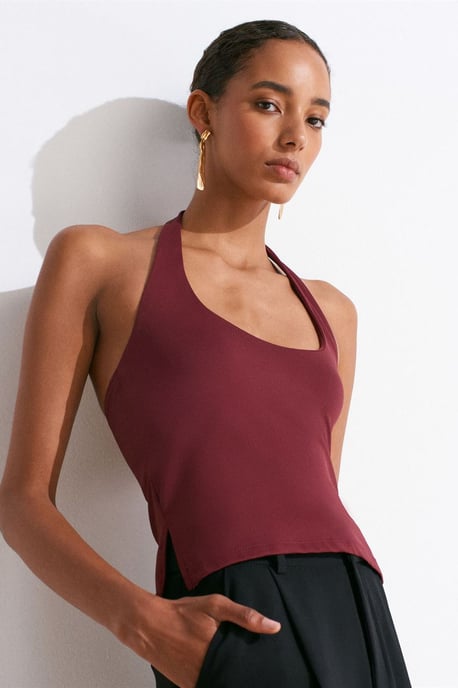 Damen Slim Fit Halterneck Cut-Out Top - Image 3