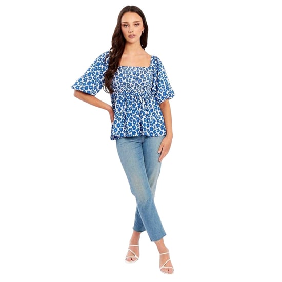 Be You - Bluse für Damen, Eckiger Ausschnitt, Waffelstoff, Puffärmel (Marine/Weiß) - Image 1