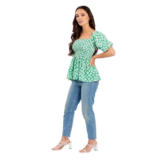 Be You - Bluse für Damen, Eckiger Ausschnitt, Waffelstoff, Puffärmel (Grün/Weiß) - Image 1