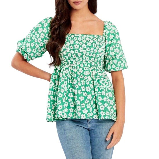 Be You - Bluse für Damen, Eckiger Ausschnitt, Waffelstoff, Puffärmel (Grün/Weiß) - Image 2