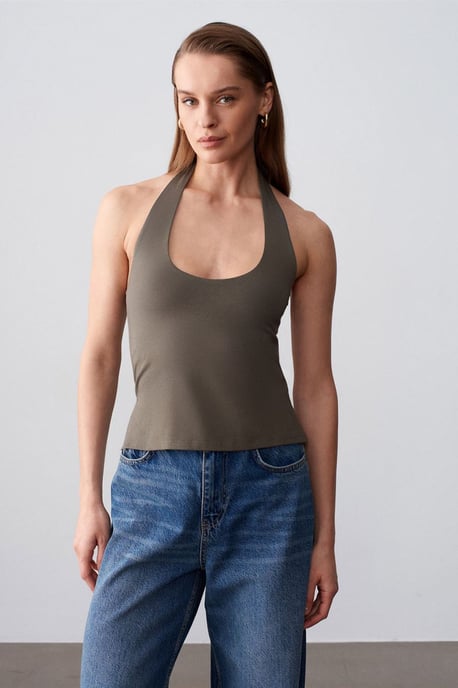 Halterneck Cut-Out Slim Fit Bluse - Image 3