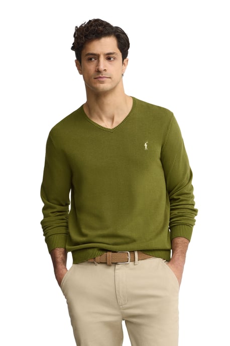 Pullover moosgrün mit V-Kragen und Rigby Go Stickerei - Image 1