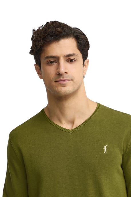 Pullover moosgrün mit V-Kragen und Rigby Go Stickerei - Image 2