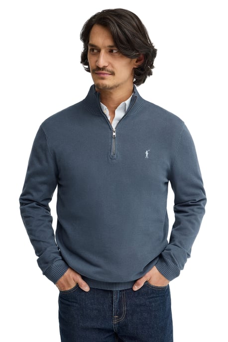 Pullover denimblau mit Zip-Kragen und Rigby Go Logo - Image 1
