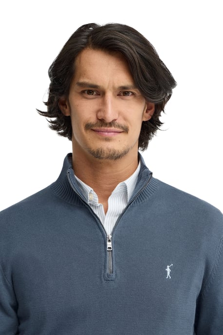 Pullover denimblau mit Zip-Kragen und Rigby Go Logo - Image 2