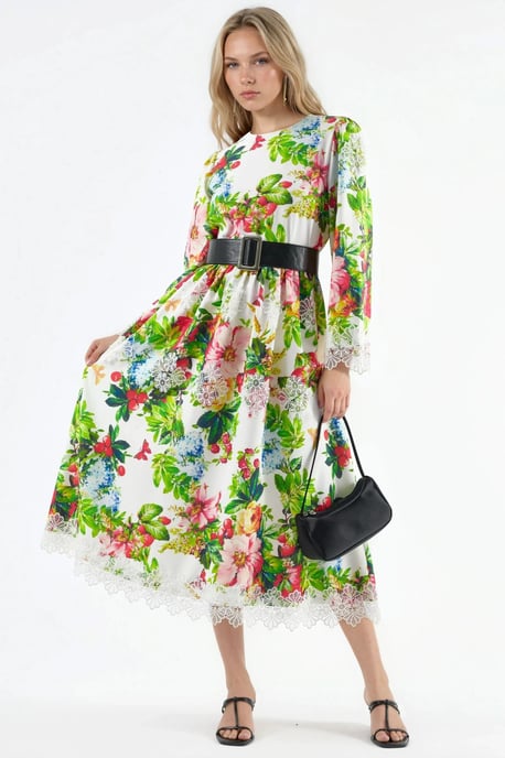 Blumenmuster Gürtel-A-Linien-Midi-Kleid - Image 1