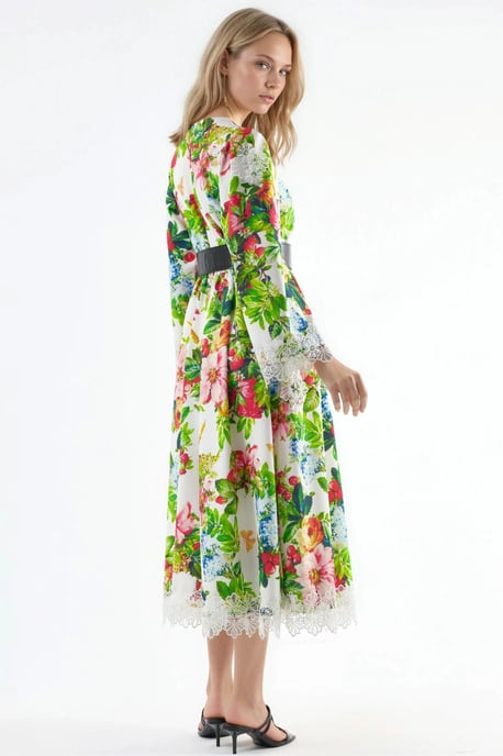 Blumenmuster Gürtel-A-Linien-Midi-Kleid - Image 2