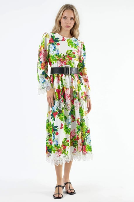 Blumenmuster Gürtel-A-Linien-Midi-Kleid - Image 3