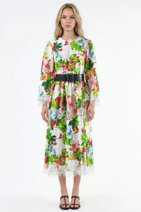 Blumenmuster Gürtel-A-Linien-Midi-Kleid - Image 5