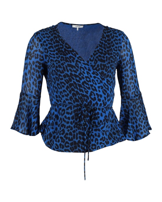 Ganni Wickelbluse aus blauer Viskose mit Tiermuster - Image 1