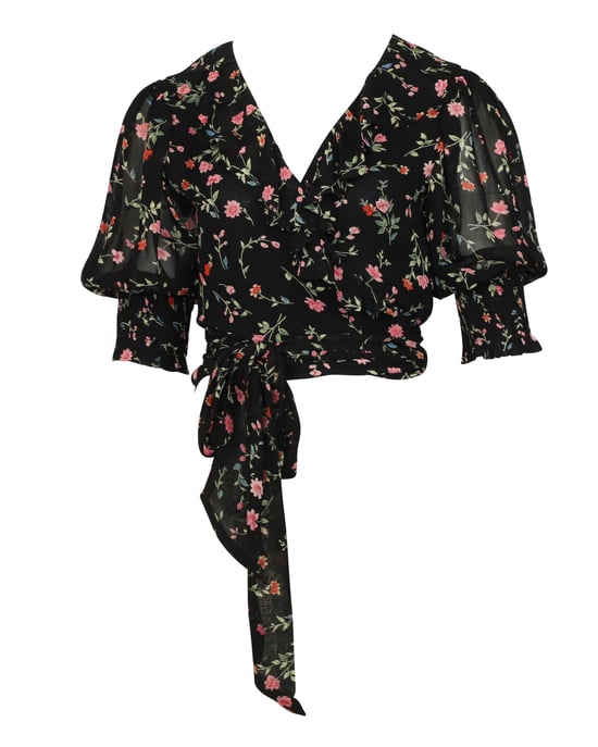 Ganni Wickelbluse aus Chiffon mit Blumenmuster in schwarzer Viskose - Image 1