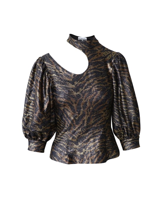 Ganni Tiger Print Puff Sleeve Lurex Stricktop aus mehrfarbigem Polyester - Image 1