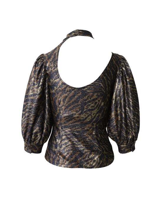 Ganni Tiger Print Puff Sleeve Lurex Stricktop aus mehrfarbigem Polyester - Image 3