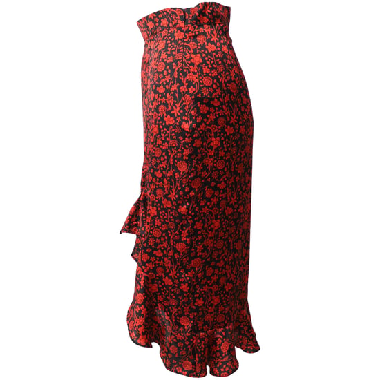 Maje Blumen-Asymmetrischer Drapierungsrock aus roter Seide - Image 2