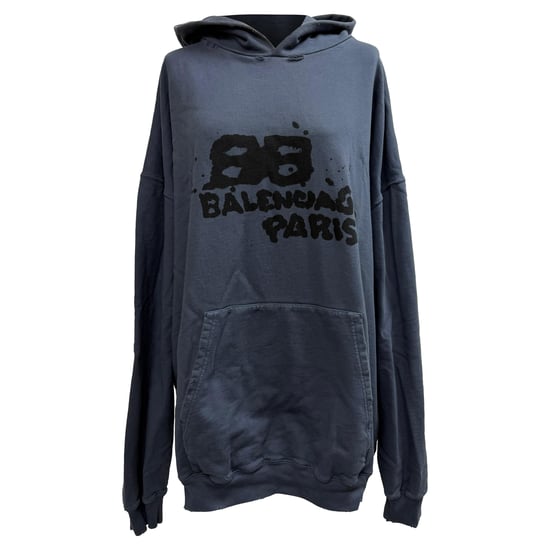Balenciaga Oversized Hoodie mit Logoprint und Used-Look aus marineblauer Baumwolle - Image 1