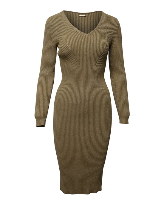 Michael Kors tailliertes, geripptes Strick-Midikleid in Metallic-Gold-Viskose - Image 1