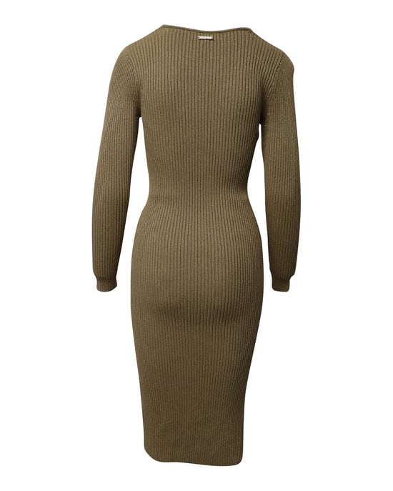 Michael Kors tailliertes, geripptes Strick-Midikleid in Metallic-Gold-Viskose - Image 3