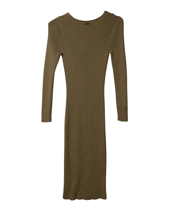 Michael Kors tailliertes, geripptes Strick-Midikleid in Metallic-Gold-Viskose - Image 4