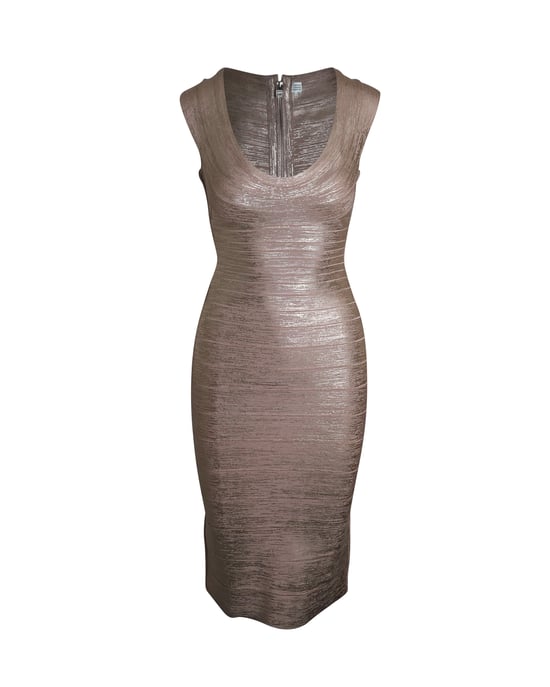 Herve Leger Bandagenkleid mit Rundhalsausschnitt aus metallisch-roségoldenem Viskose - Image 1