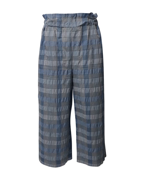 Ganni – Karierte, weite, verkürzte Seersucker-Hose aus blauer Bio-Baumwolle - Image 1