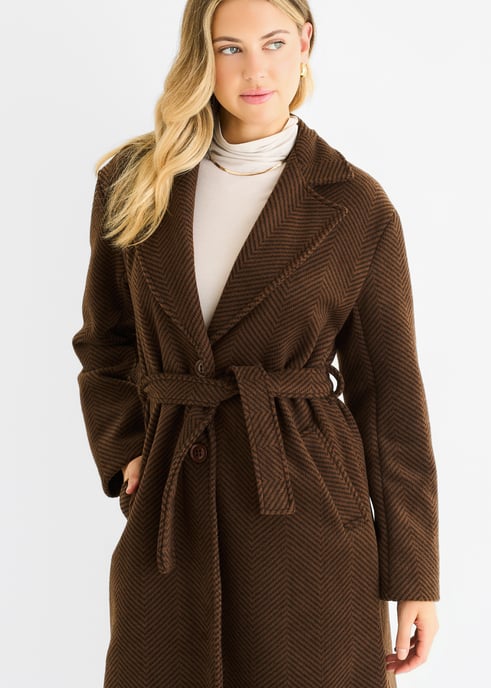 Lange Jacke mit Gürtel und Chevron-Muster in Schokoladenbraun - Image 2