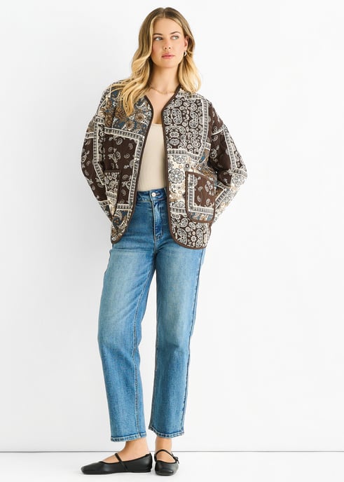Leichte, gesteppte Viskose-Jacke mit Schokoladenbraunem Paisley-Fliesenmuster - Image 1