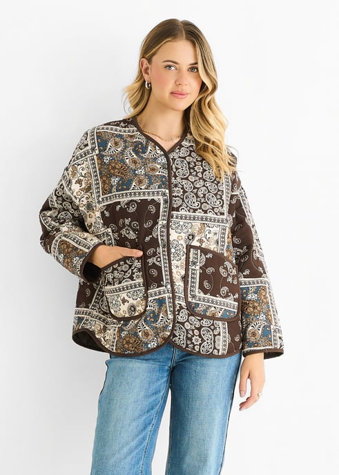 Leichte, gesteppte Viskose-Jacke mit Schokoladenbraunem Paisley-Fliesenmuster - Image 2