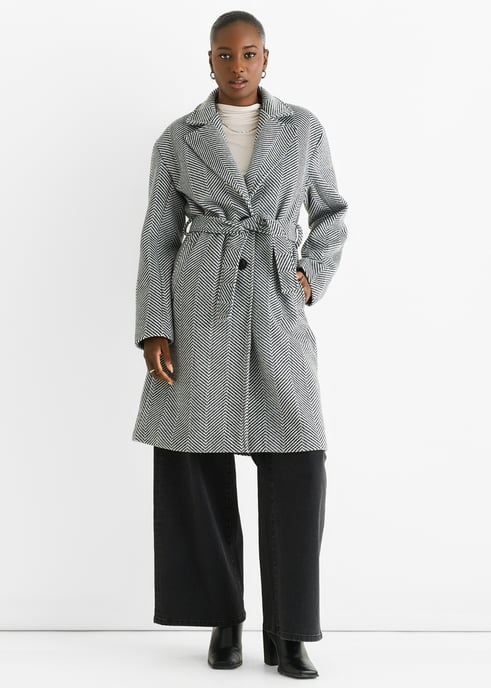 Lange Jacke mit Gürtel und schwarzem Chevron-Print - Image 1