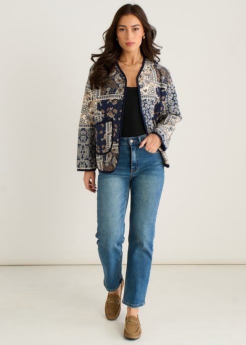 Leichte, gesteppte Jacke aus Viskose mit marineblauem Paisley-Kachelmuster - Image 1