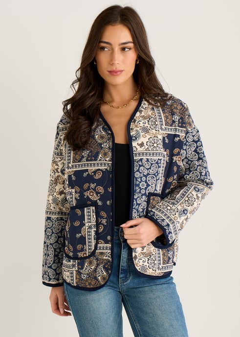Leichte, gesteppte Jacke aus Viskose mit marineblauem Paisley-Kachelmuster - Image 2