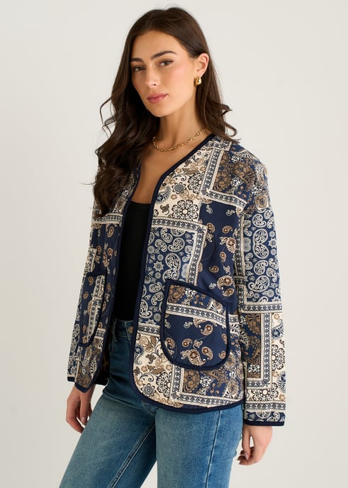 Leichte, gesteppte Jacke aus Viskose mit marineblauem Paisley-Kachelmuster - Image 3