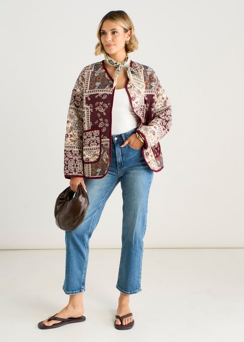 Leichte, gesteppte Viskose-Jacke mit burgunderrotem Paisley-Fliesenmuster - Image 1
