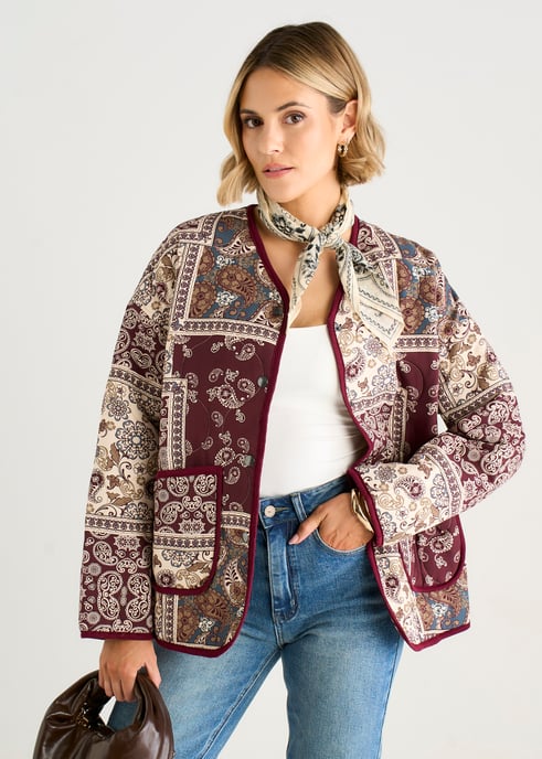 Leichte, gesteppte Viskose-Jacke mit burgunderrotem Paisley-Fliesenmuster - Image 2