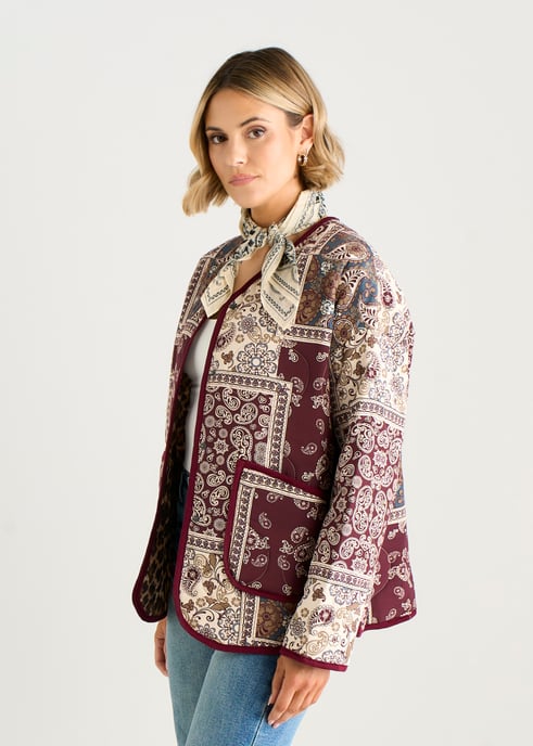 Leichte, gesteppte Viskose-Jacke mit burgunderrotem Paisley-Fliesenmuster - Image 3