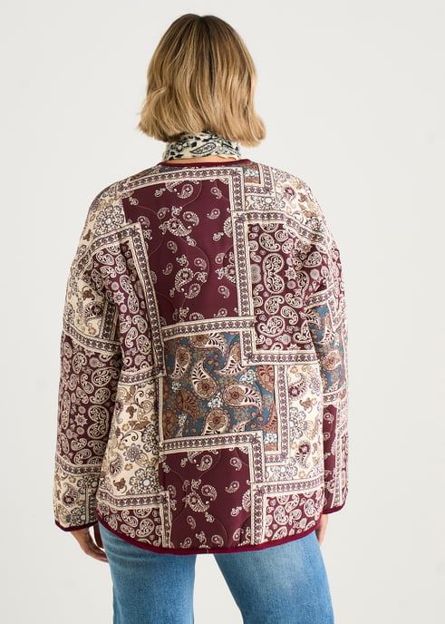 Leichte, gesteppte Viskose-Jacke mit burgunderrotem Paisley-Fliesenmuster - Image 4
