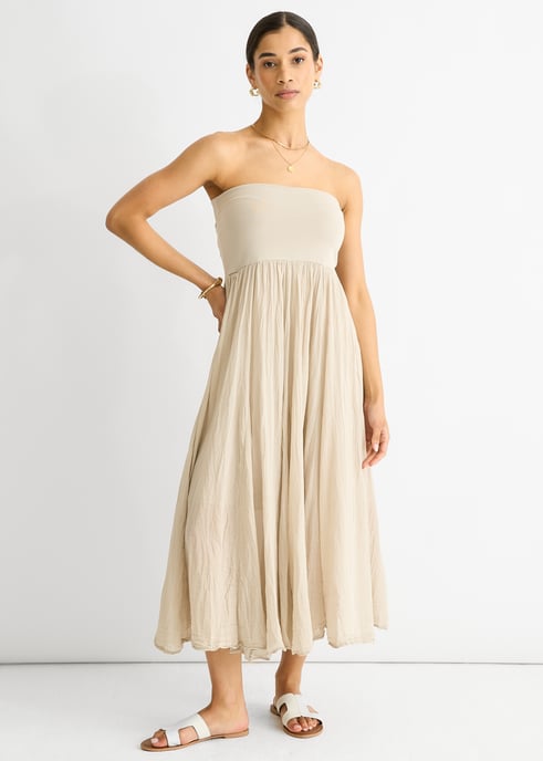 Beiges Baumwollkleid im Skaterrock-Stil mit vielseitig tragbarem Bund - Image 1