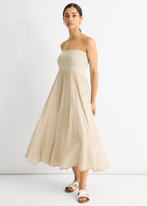 Beiges Baumwollkleid im Skaterrock-Stil mit vielseitig tragbarem Bund - Image 3