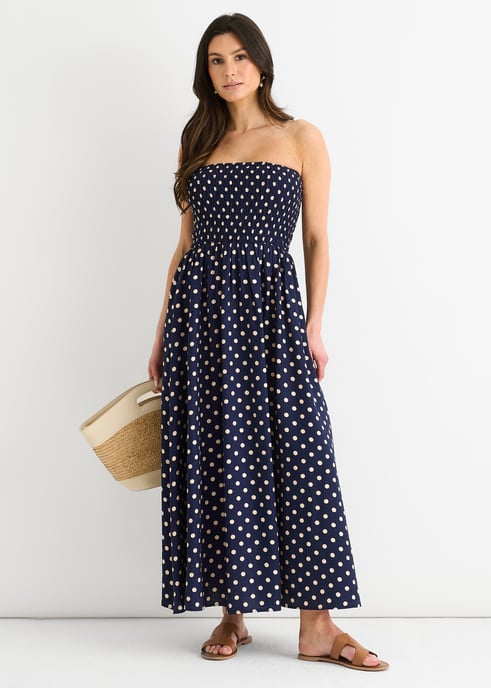 Marineblaues, gerafftes Oberteil, Viskose-Midi-Kleid mit Punktmuster - Image 1