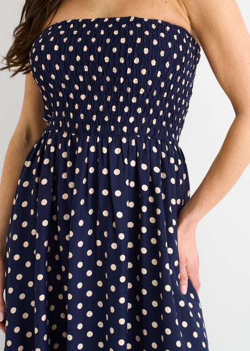 Marineblaues, gerafftes Oberteil, Viskose-Midi-Kleid mit Punktmuster - Image 2